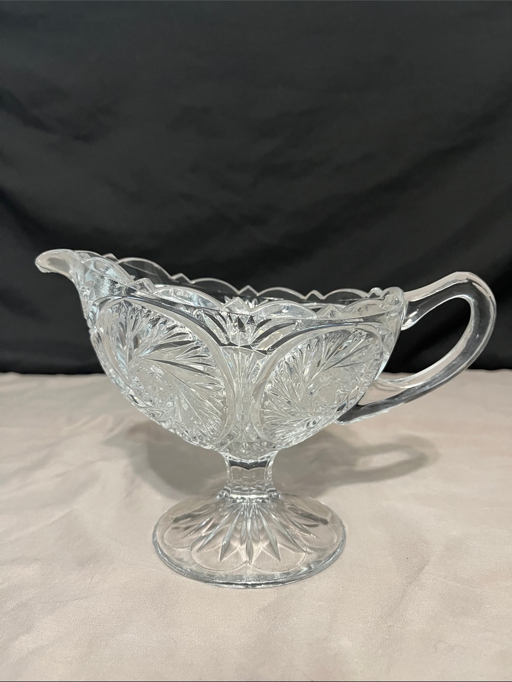 Vintage Footed Gravy Boat Sauce  Pressed Cut Glass Open Handle